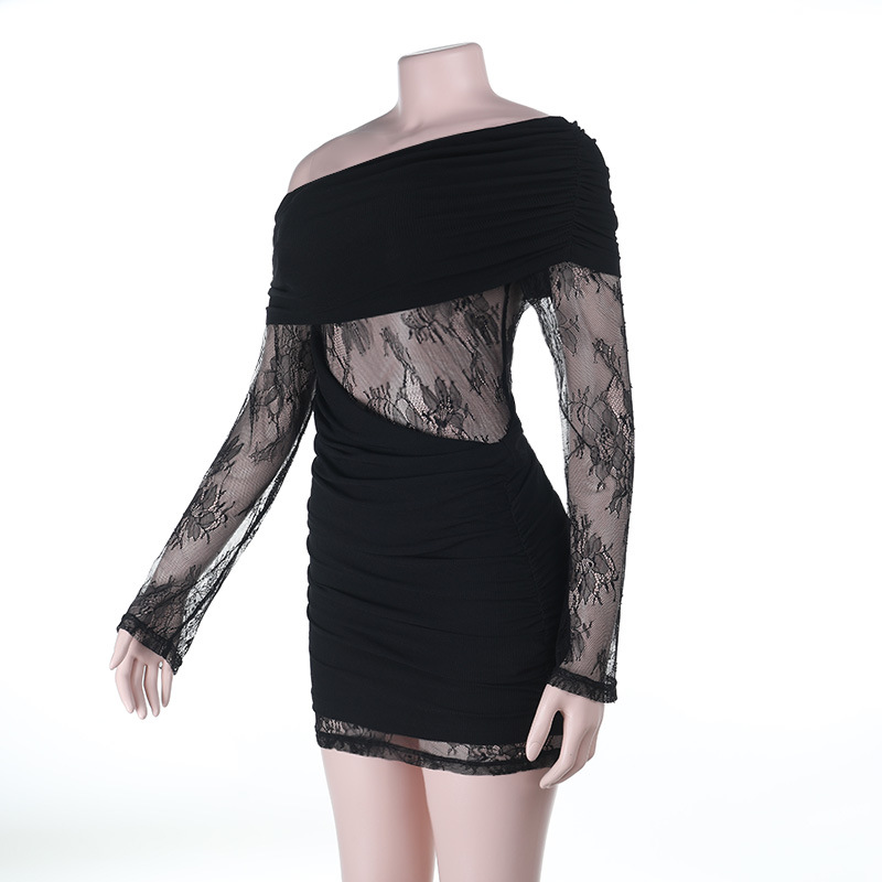 Asymmetric Openwork Paneled Full-Length Sleeve Dress