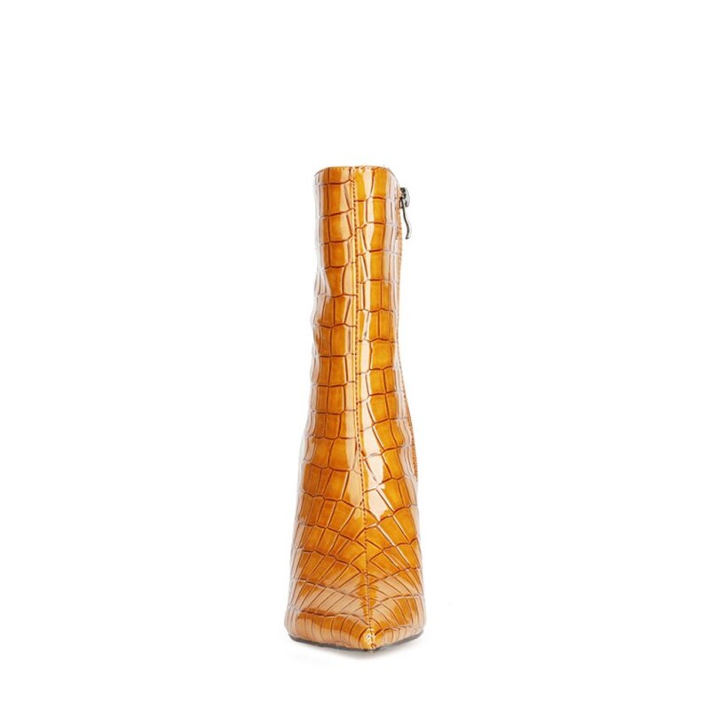 Crocodile Pattern Woman Vulcanize Shoes Pointed Toe Wedges Zip Lattice Ankle Boots High Heel Neon Orange Mid Calf Boots