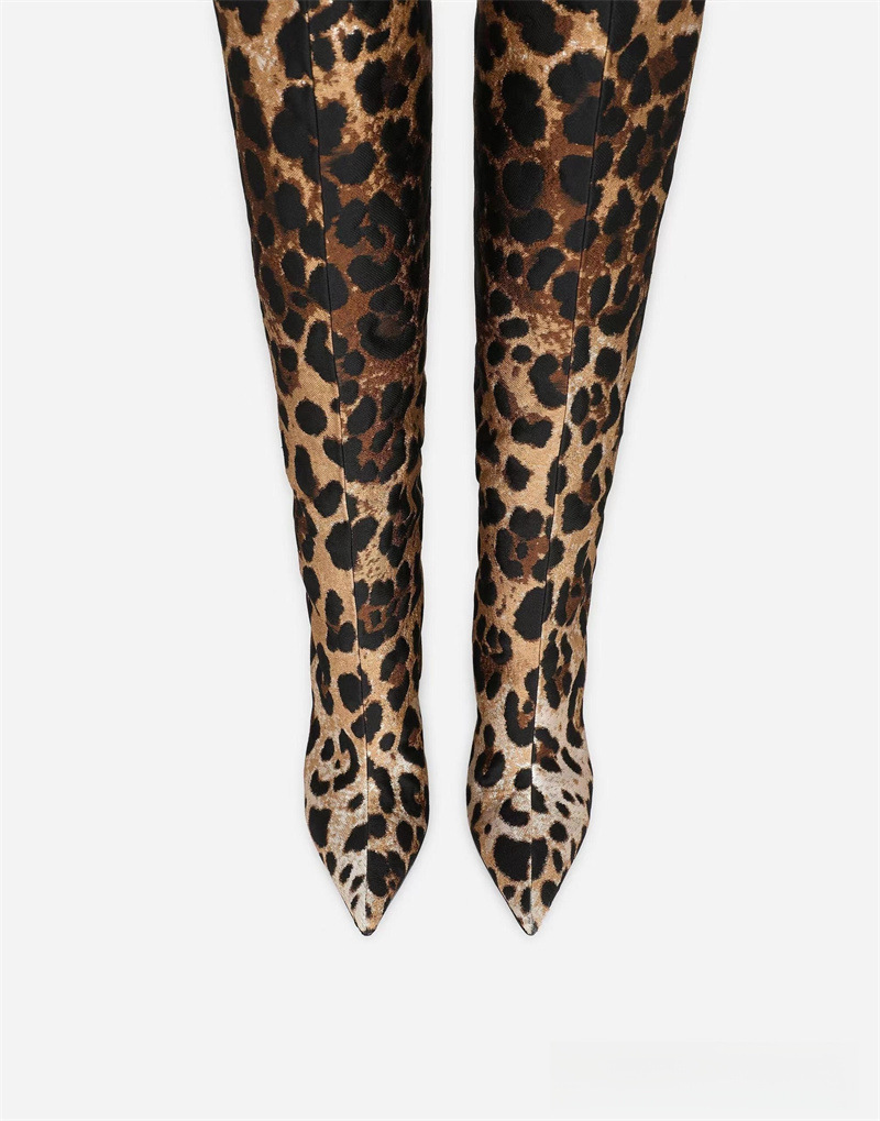 Pointed thin heel leopard print long boots for women's fashionable and sexy high boots for women's shoes