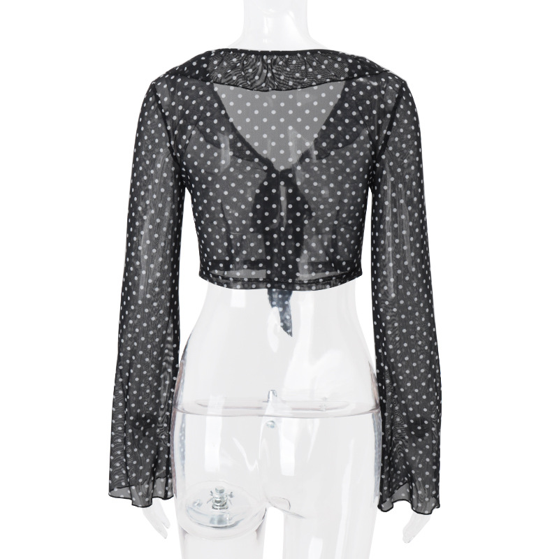 European and American Women's Fashion Sexy Transparent Polka Dot Print Long Sleeve Elegant Versatile Top