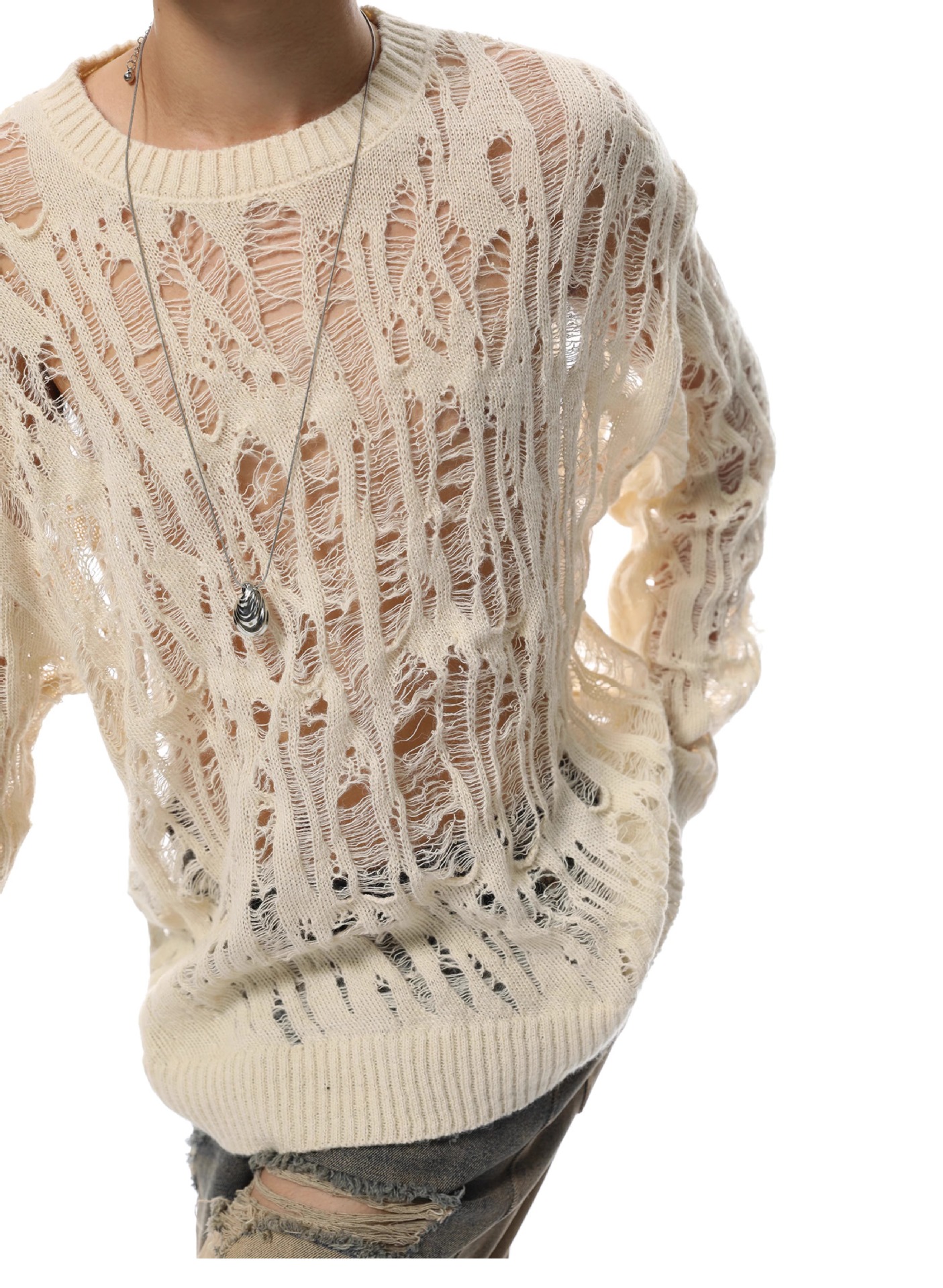 Polyester Open Mesh Crew Neck Sweater