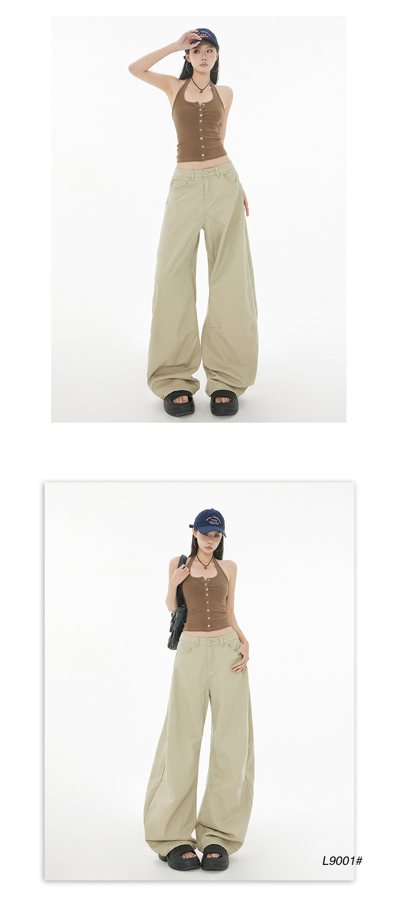 Curved Design Water-Washed Tapered Jeans Women High Street Loose Straight Wide-Leg Pants