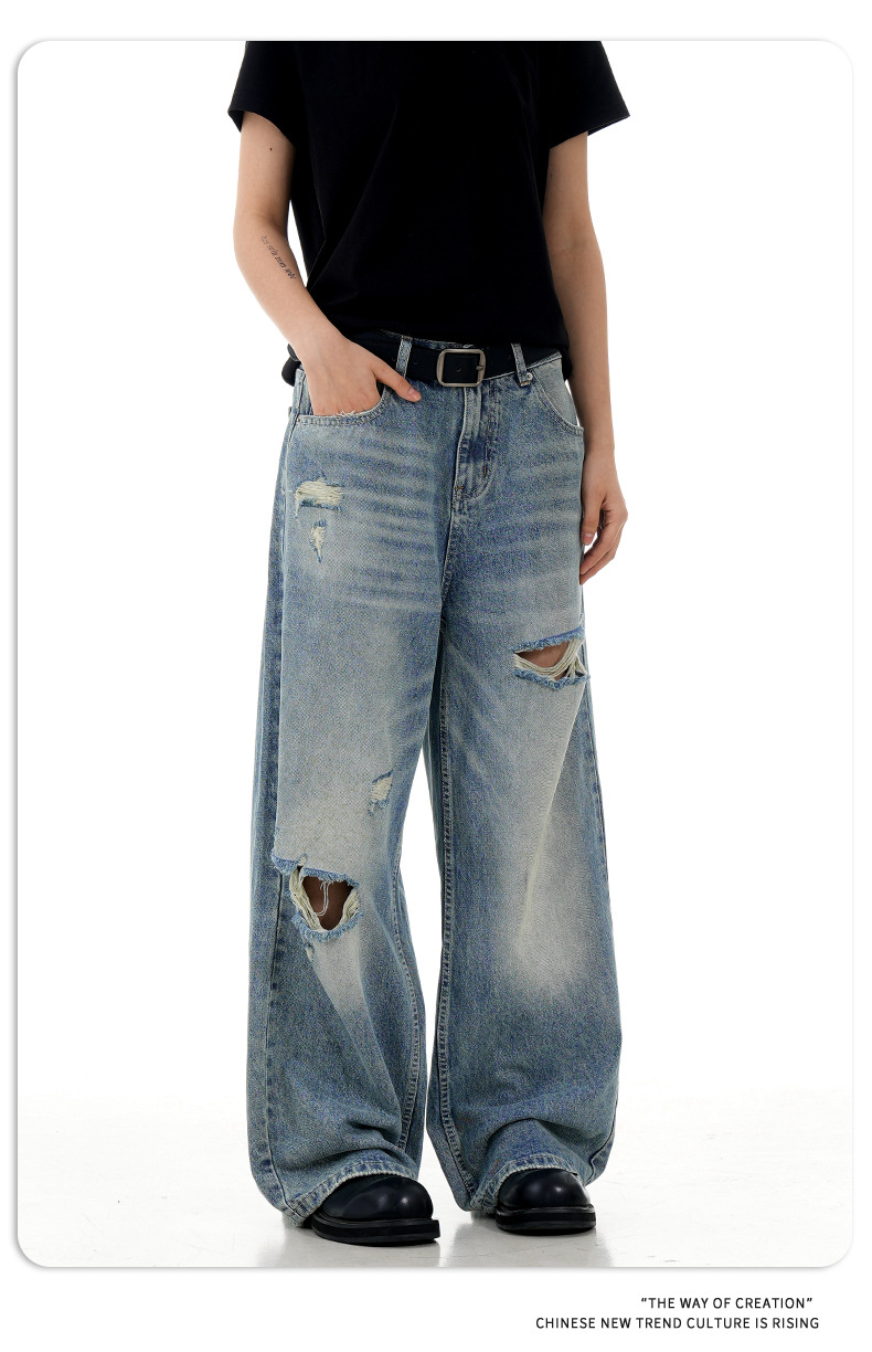 Blue Straight Hole Denim Pants for Men and Women Loose Fit A-Line Wide Leg Casual Long Trousers