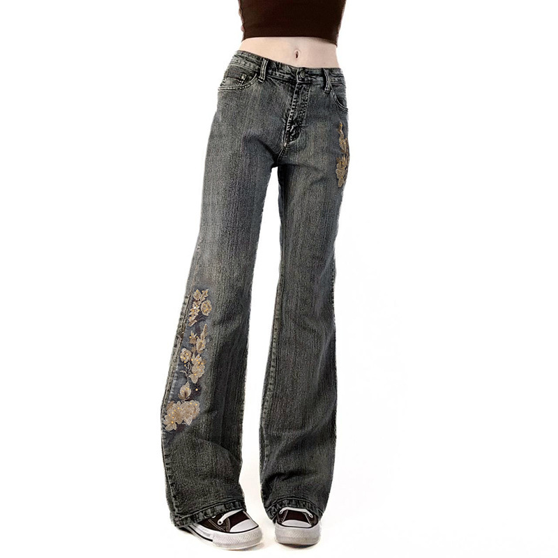 Bead embroidery floral design for vintage washed micro flared jeans