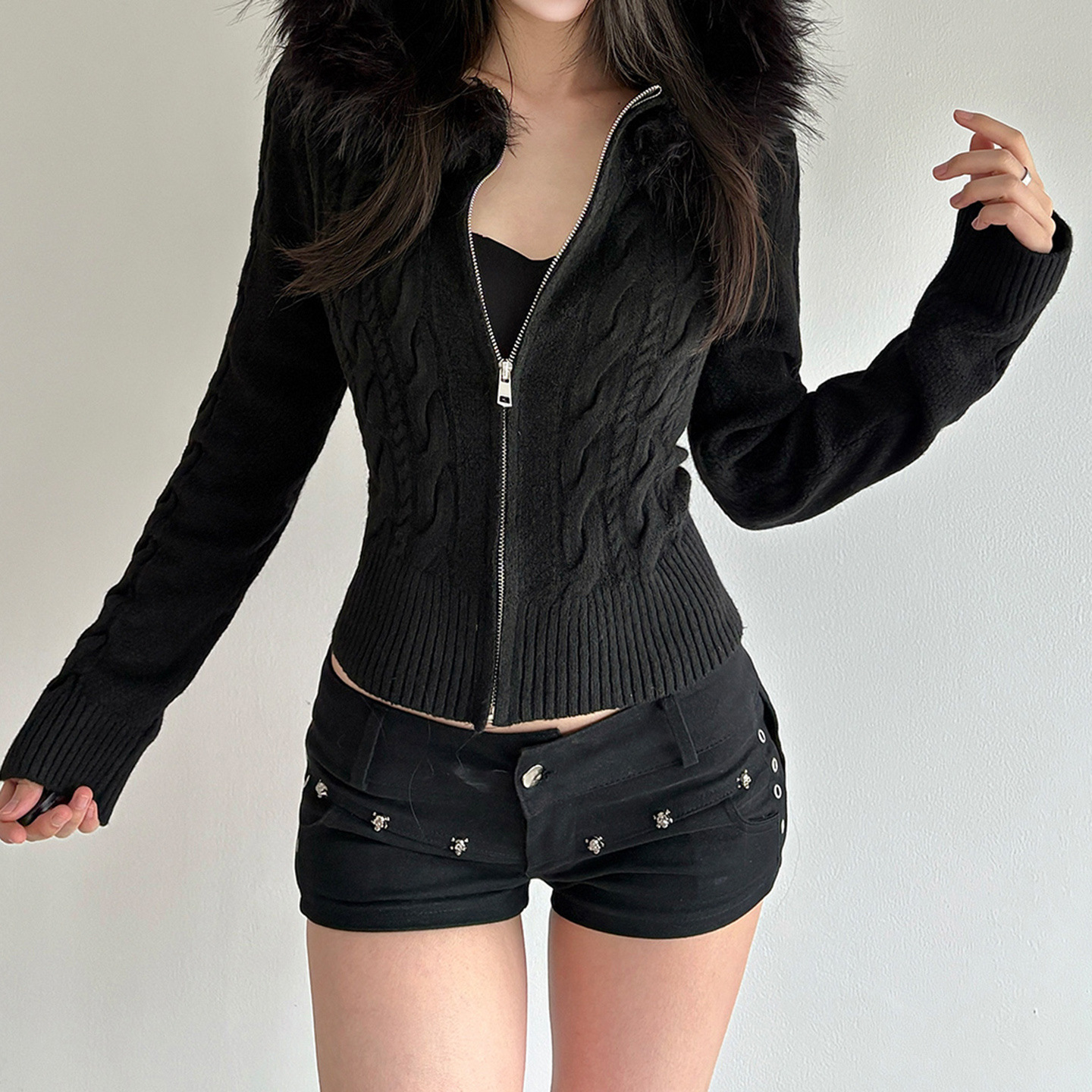 Vintage Herringbone Zip Hood Loose Cardigan
