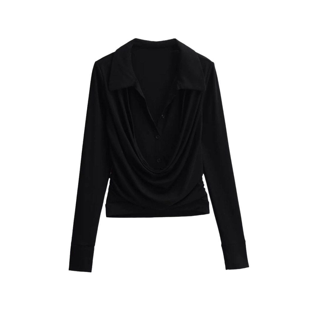Plain Full-Arm Dropped-Neck Frill Double-Layer Slim-Fit Cropped Tee