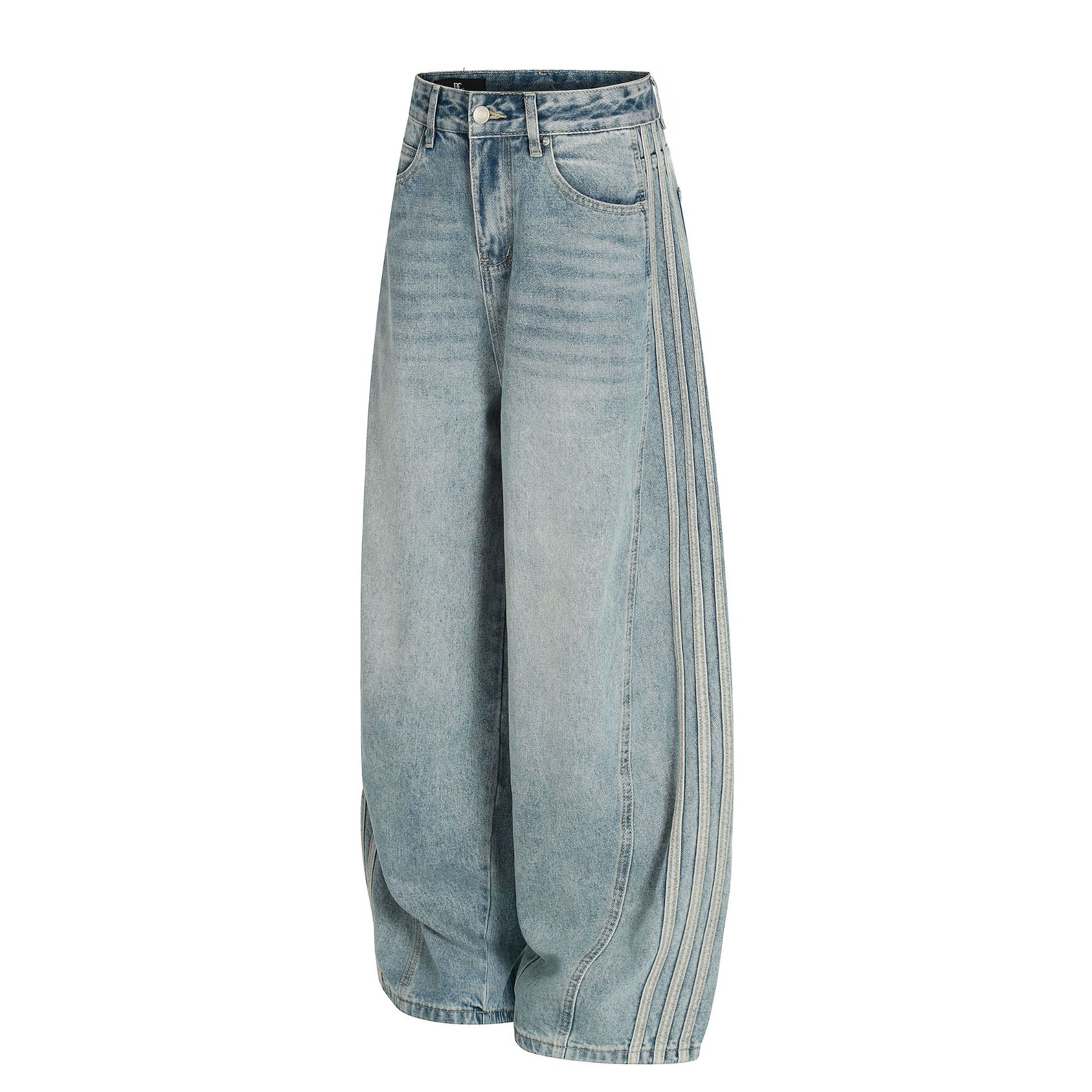 Street Style Vintage Washed Blue Side Stripe Design Unisex Loose Wide-Leg Jeans