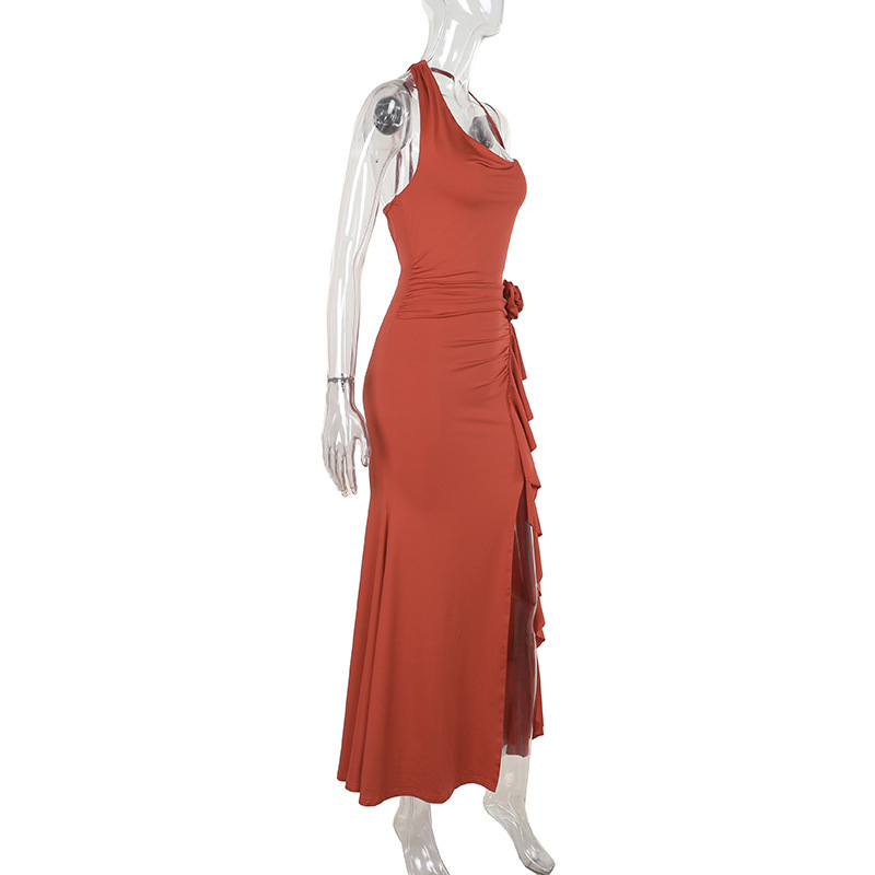 V-Neck Asymmetric 3D Floral Side Split Dress