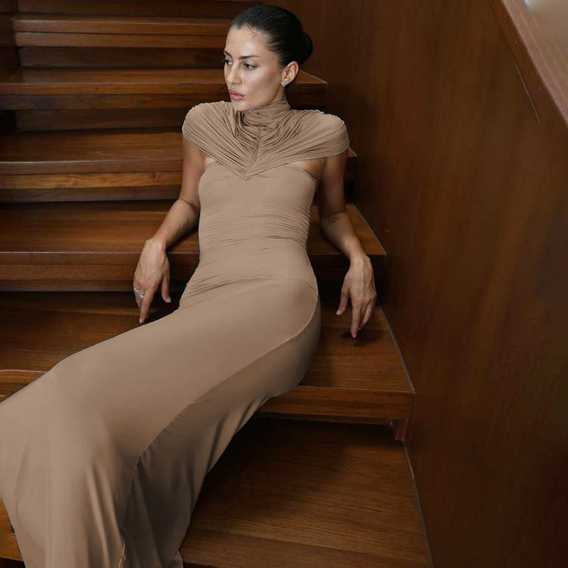 Sleeveless Stand Collar Cutout Pleated Waist-Defined Bodycon Dress