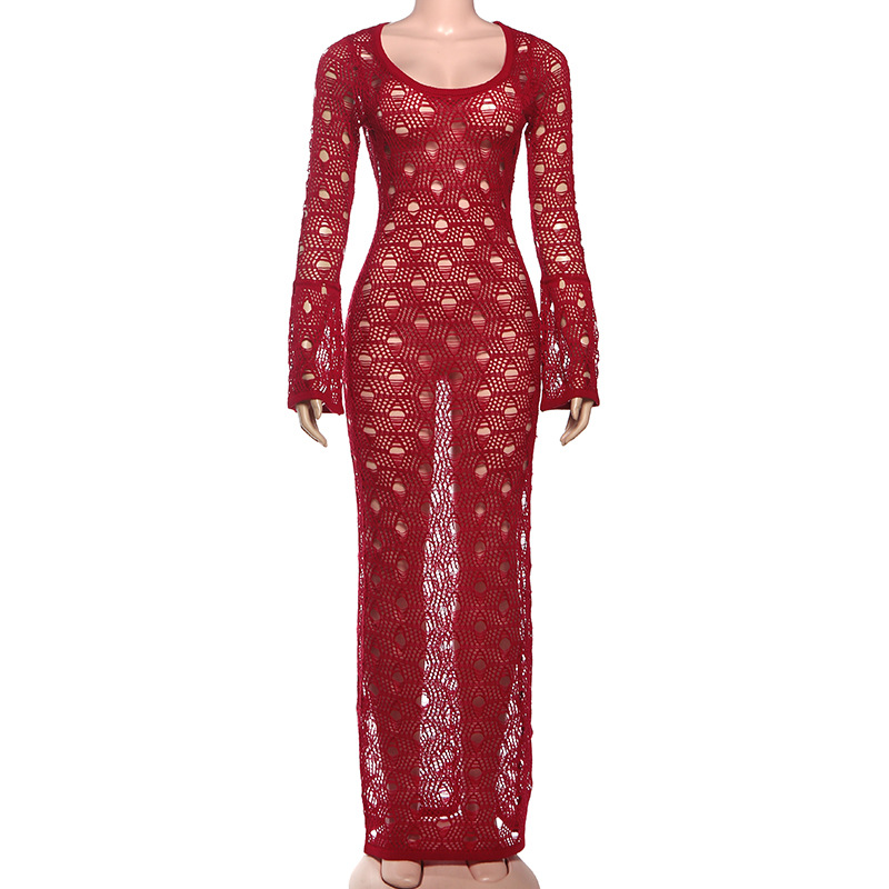 U-Neck Long-Sleeve Polyester High-Waist Sheer Bodycon Dress