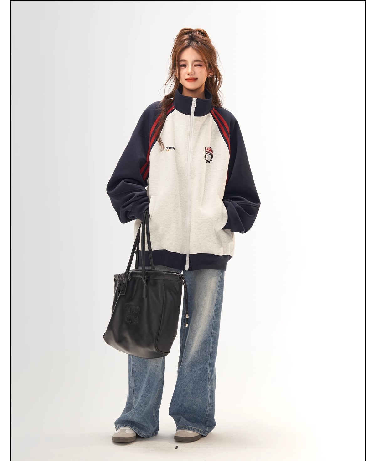 Retro Jacket for Women, High-End Patchwork Raglan Sleeve Hoodie Cardigan, Versatile Stand-Up Collar Top