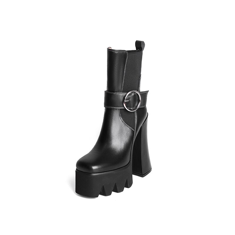Women's Autumn Short Boots Brand New Square Toe Super High Heel Thick Sole Metal Sexy Stretch Bare Boots 42 Sizes