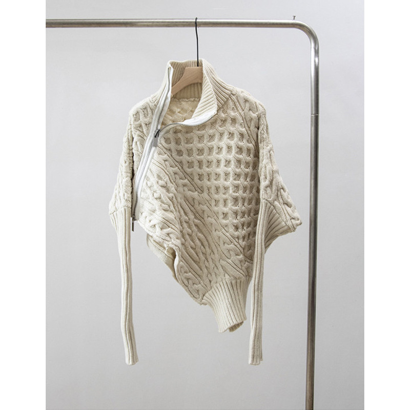 Oversized Zip-Front Polyester Cardigan Asymmetric Neckline