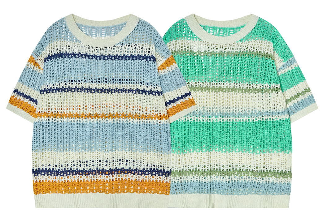 Mens American Vintage Cutout Two-Tone Striped Crew Tee