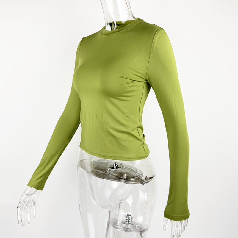 Long sleeved round neck T-shirt solid color slim fit top