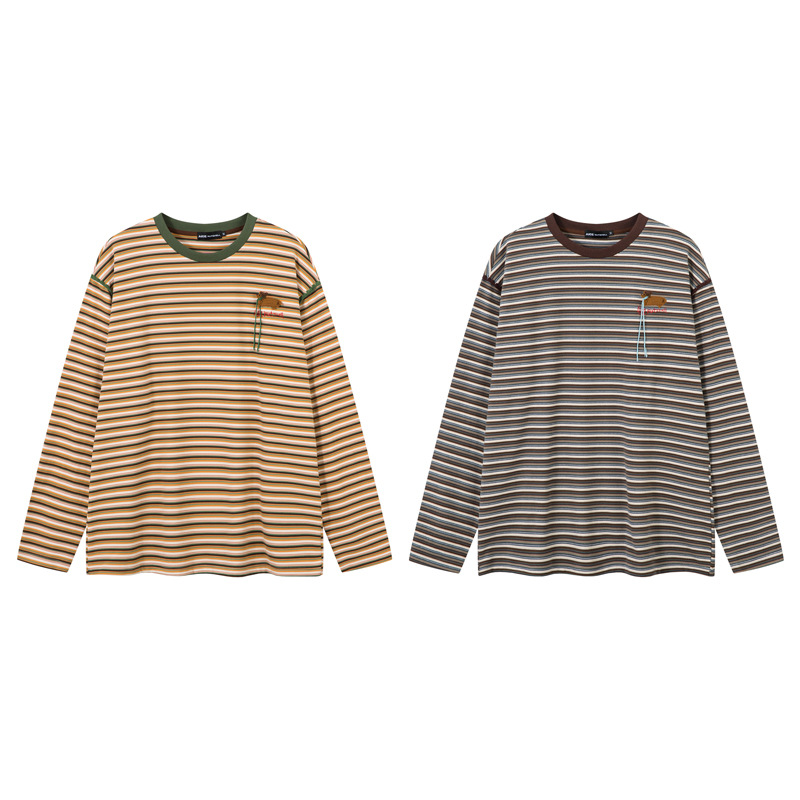 Retro Front Handmade Knitting Craft Round Neck Striped Long Sleeve T-Shirt Top College Style Couples Wear