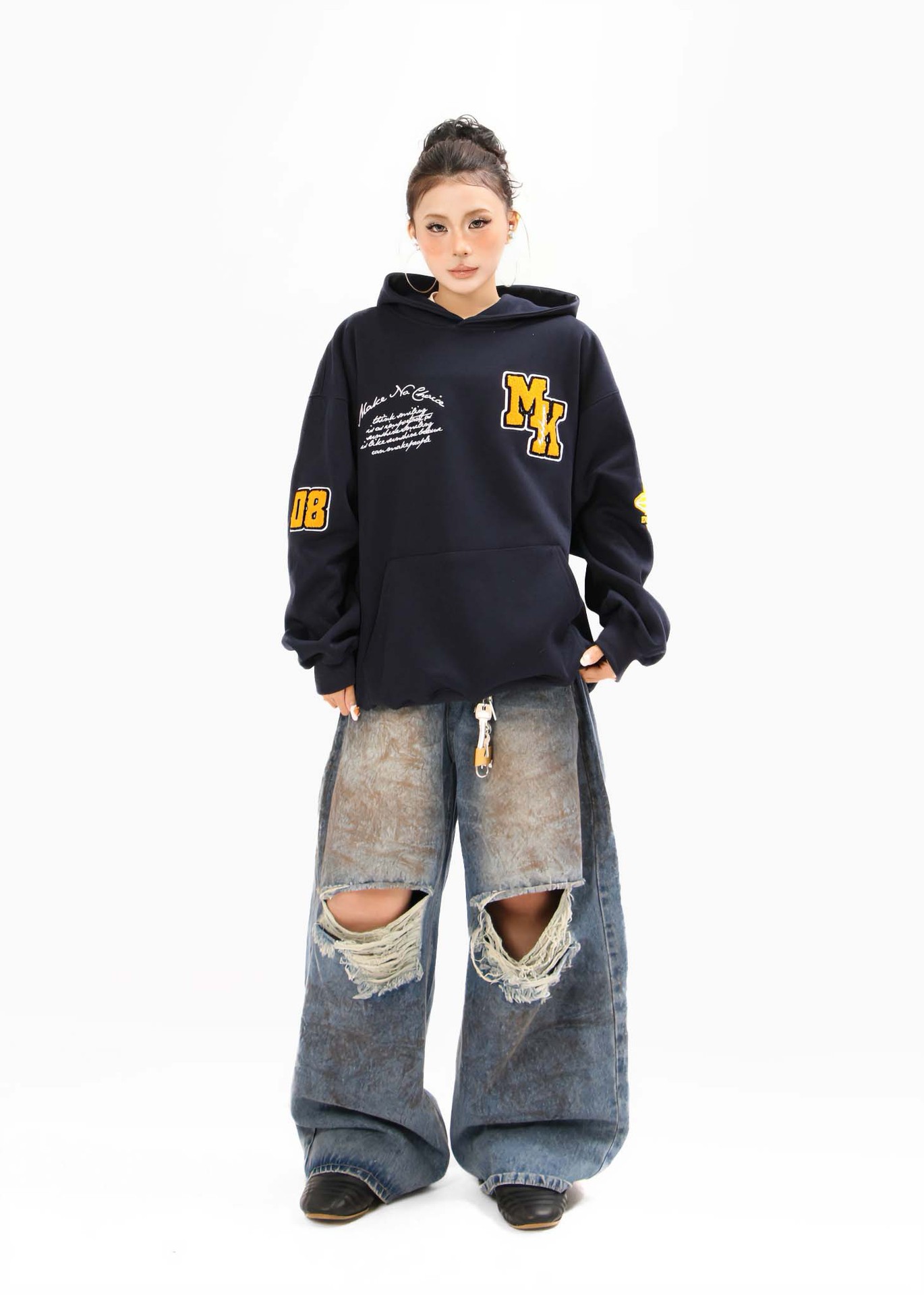 Text Embroidered Long Sleeve Oversized Cotton Hoody
