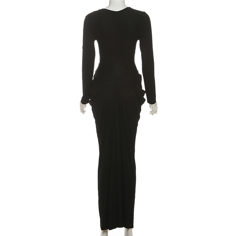 Crinkled Plunging Fitted Plain Full-Sleeve Maxi Dress