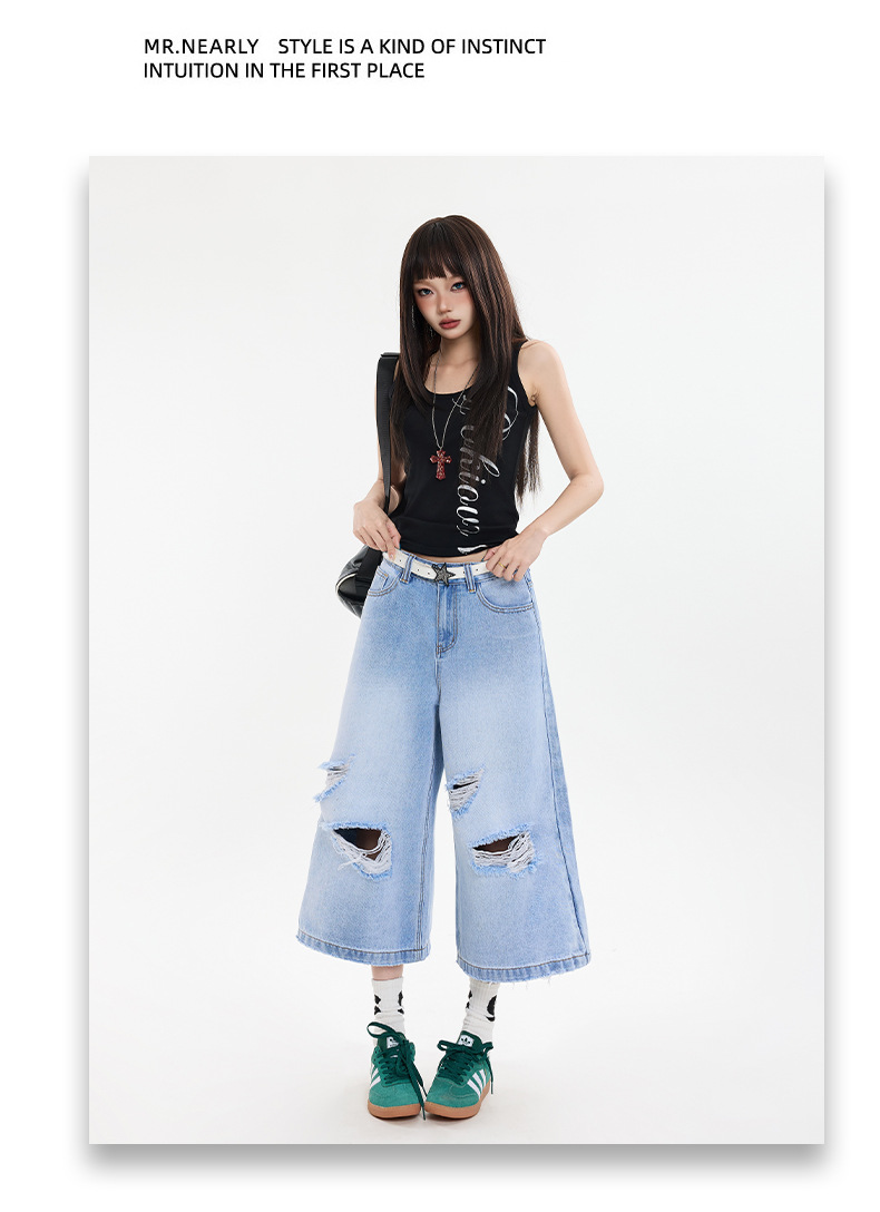 Black Gray Hole Seven-Point Denim Pants Women Vintage Wide-Leg Straight Leg Pants High Street Trendy