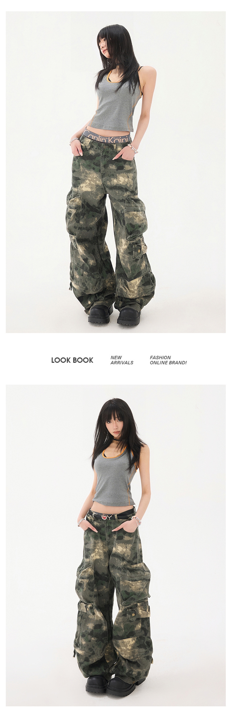 Women's Work Pants Camouflage Multi-Pocket Loose Wide-Leg Denim Trousers