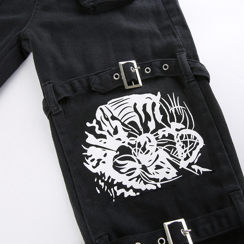Metal buckle contrasting print high waisted workwear jeans for women