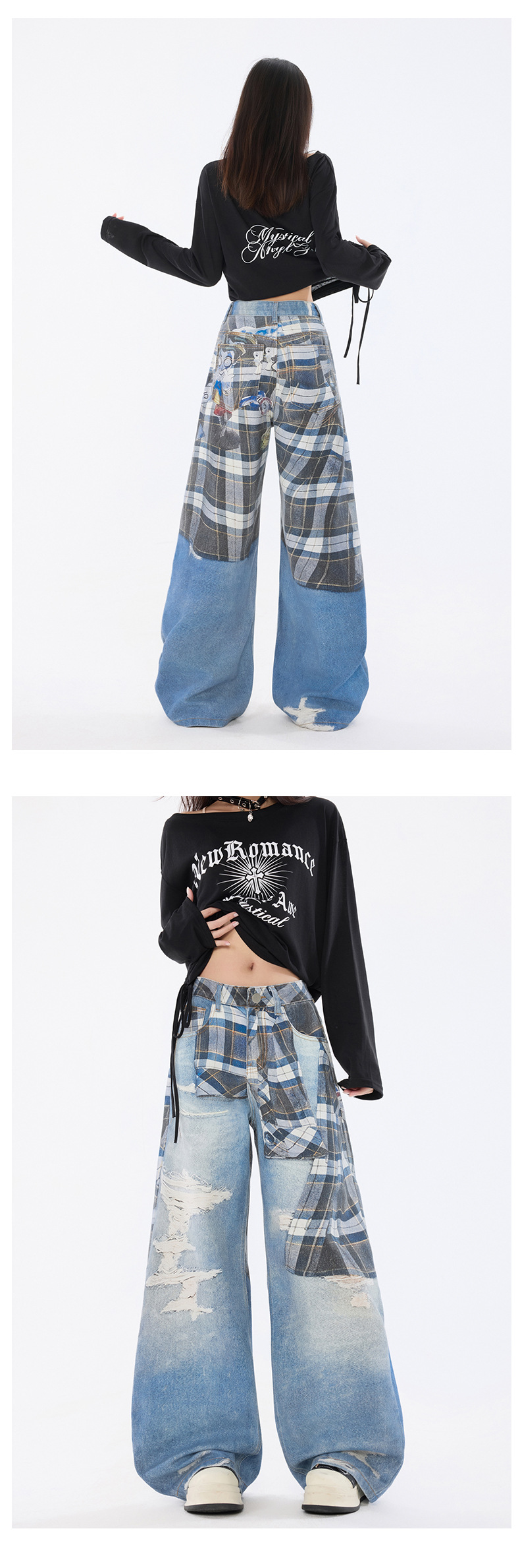 Women's Shirt Belted Printed Denim Pants Straight Leg Trousers Trendy