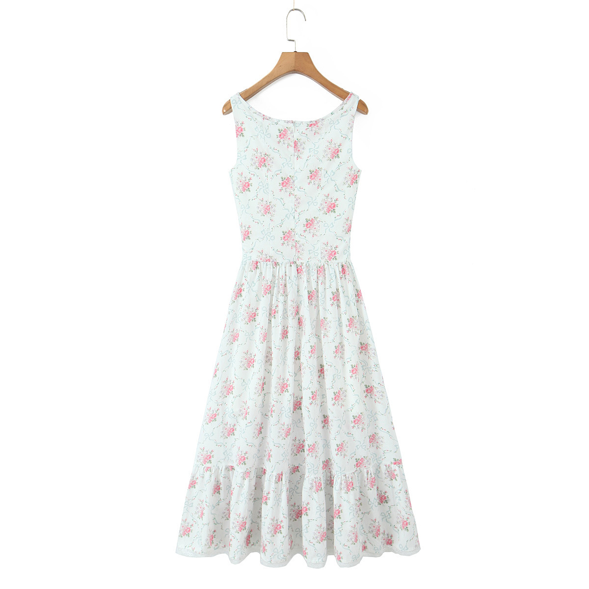 Sleeveless Botanical Print Midi Dress With Ribbon Tie