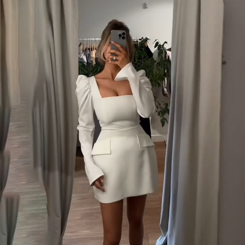 Bateau Neckline A-Line Long Sleeved Mini Dress