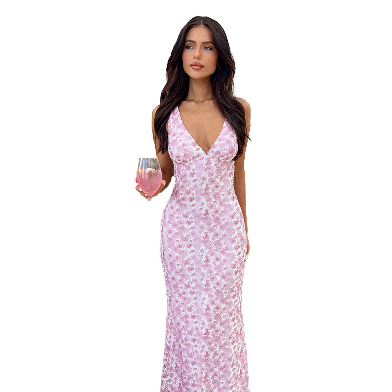 Sleeveless Floral Textured Pointed Neckline Dress