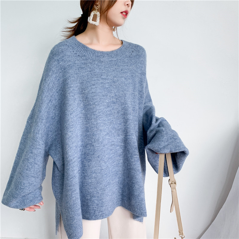 Navy Oversized Crew Collar Balloon Cuff Knit Jumper