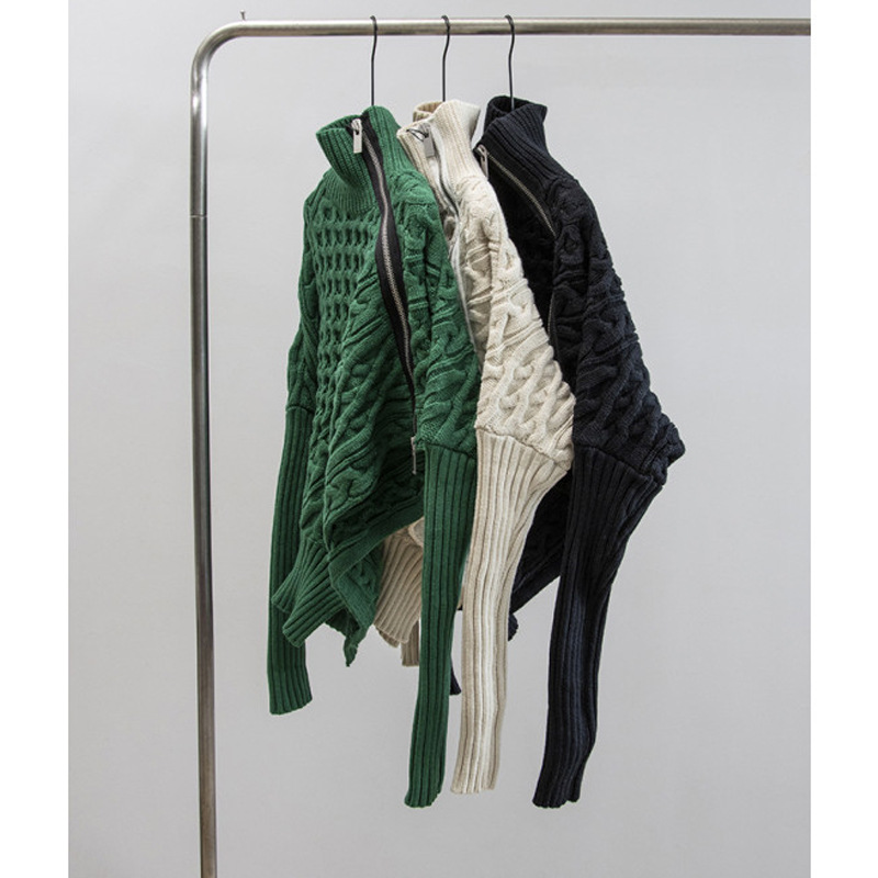 Oversized Zip-Front Polyester Cardigan Asymmetric Neckline