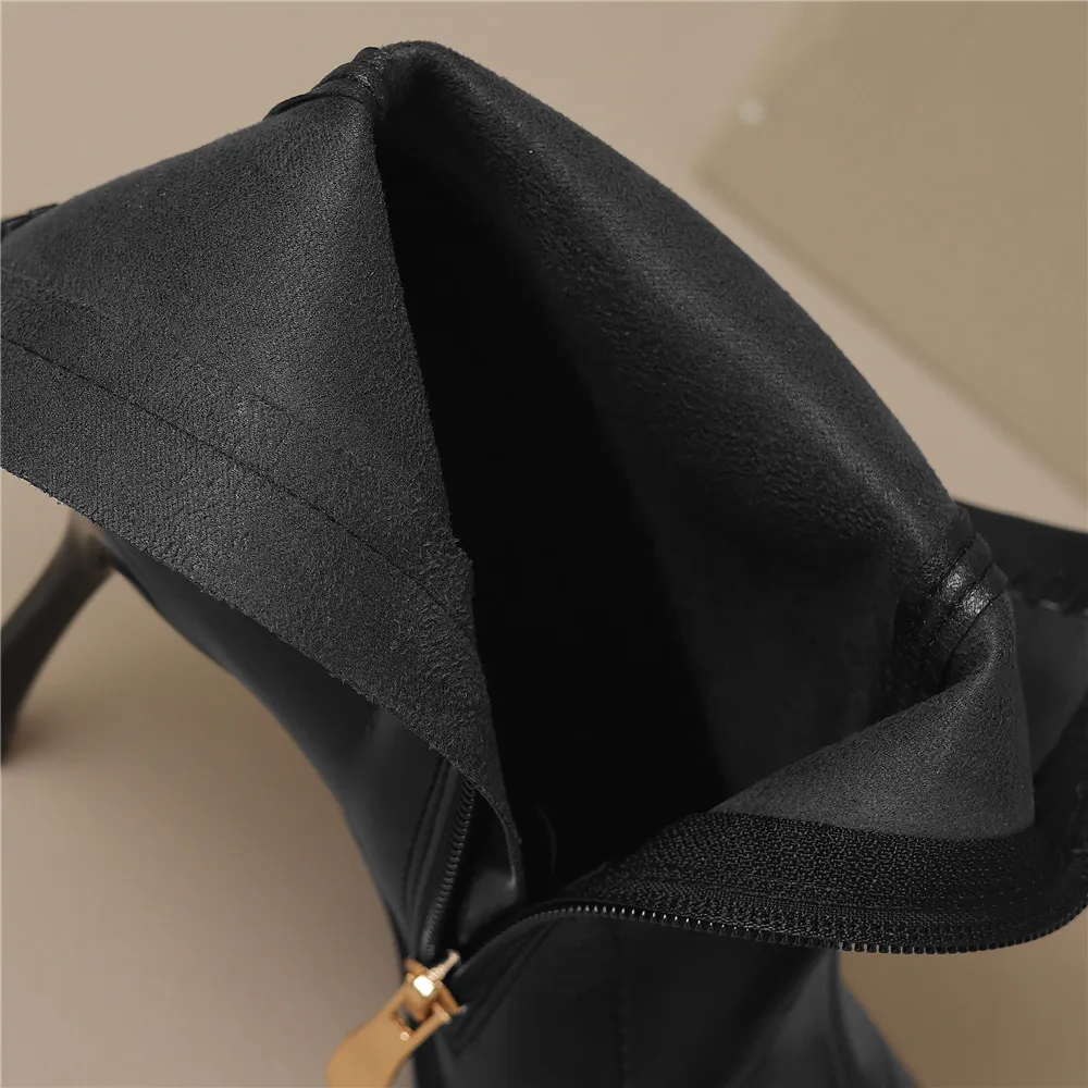 Pointed Toe Women Cow Leather Ankle Boots Thin Heels Zippers Solid Color Metal Rivet Dress Party Shoes