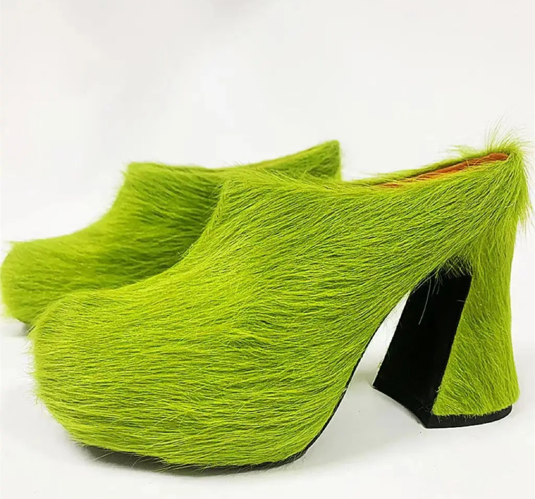 Round headed candy colored genuine leather horse hair with raised height inside casual lazy half slippers for women