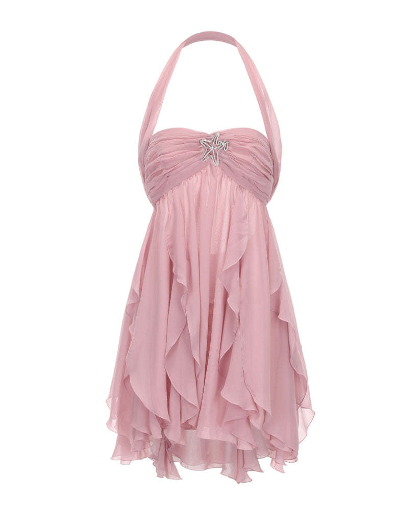Chiffon Printed French Halter Noble Fairy Dress Holiday Wind Sexy Backless Short Skirt