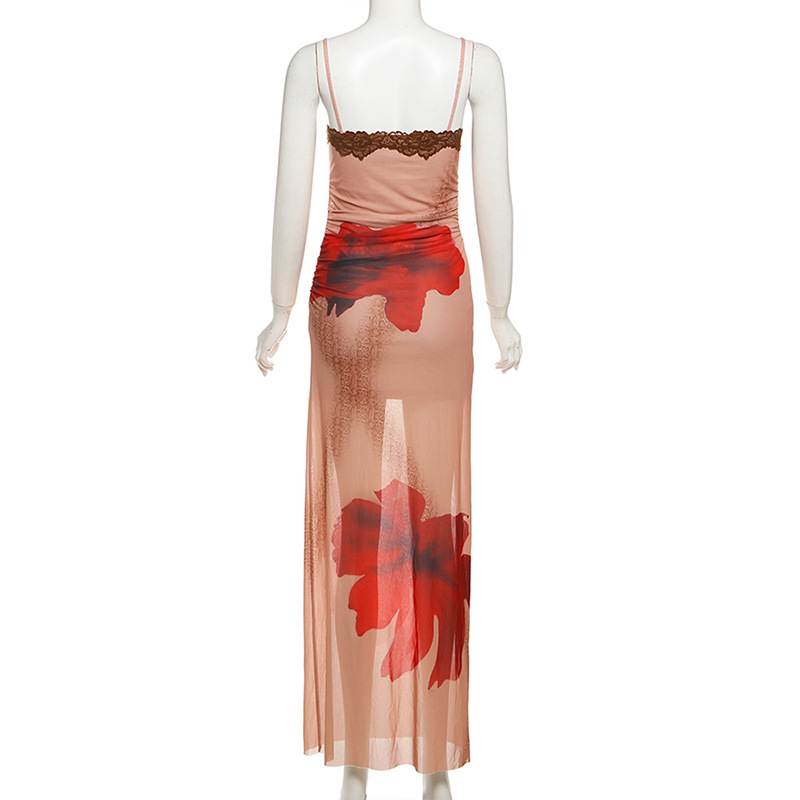 Sleeveless backless slimming color blocked lace camisole long skirt for women