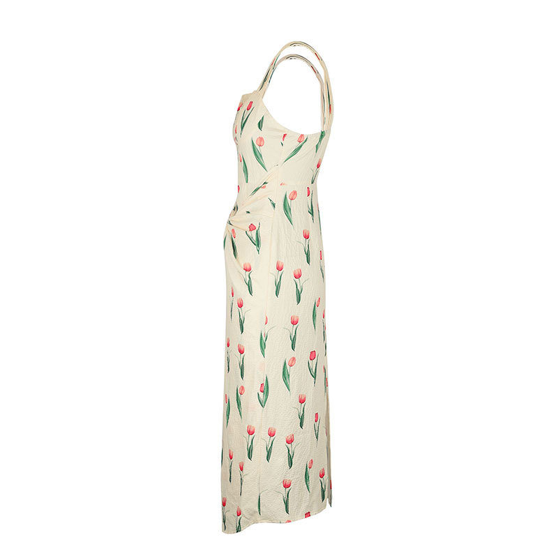 Strappy Patterned Ruched Fitted Split Dress