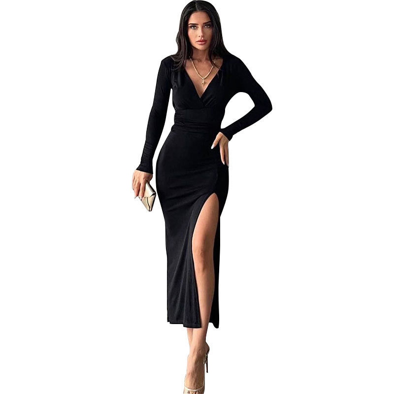 Plain Full Sleeve Pointed Streetwear Midi Dress