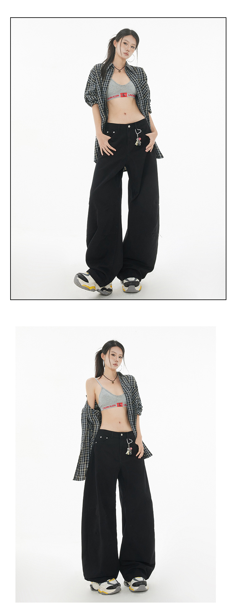 Curved Design Water-Washed Tapered Jeans Women High Street Loose Straight Wide-Leg Pants