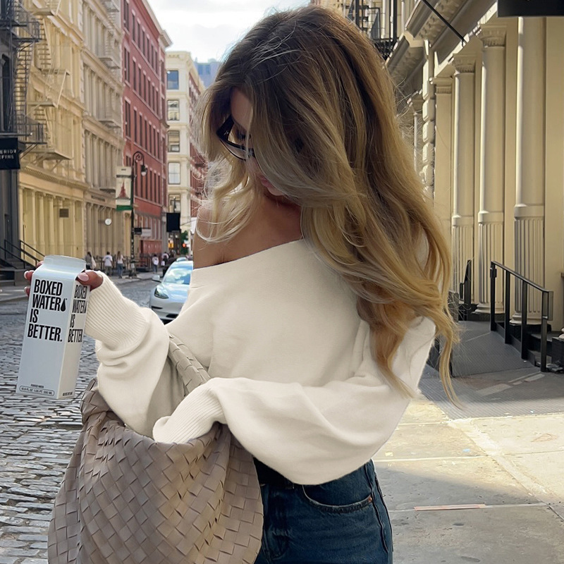 Asymmetric Neckline Fitted Solid Long Sleeve Sweater Top