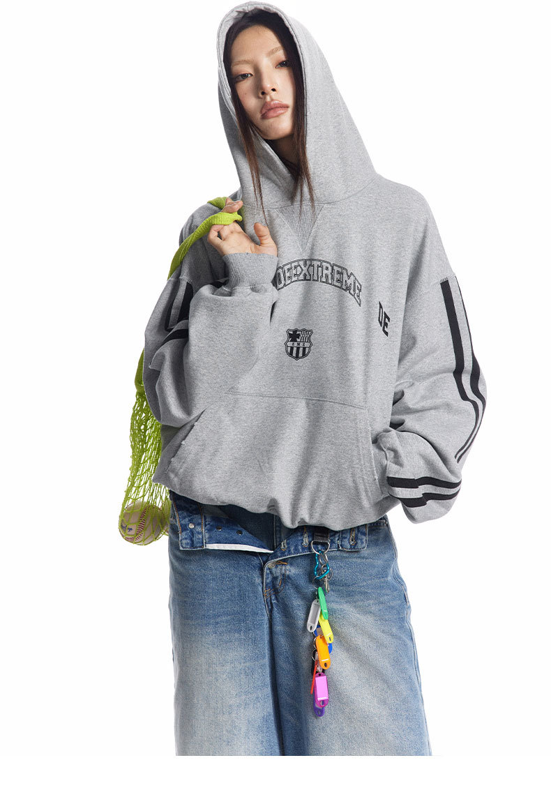 Vintage Letter Print Loose Fit Casual Hooded Sweatshirt