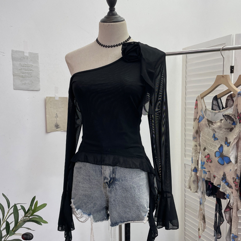 Asymmetric Pointed Floral Off-Shoulder Full Sleeve Top