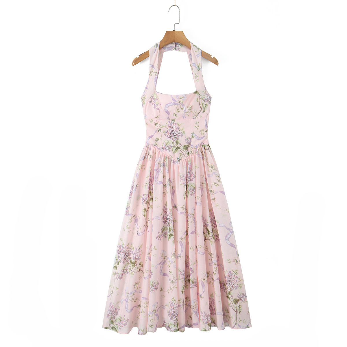 Sleeveless Botanical Print Halter Backless Side Slit Dress
