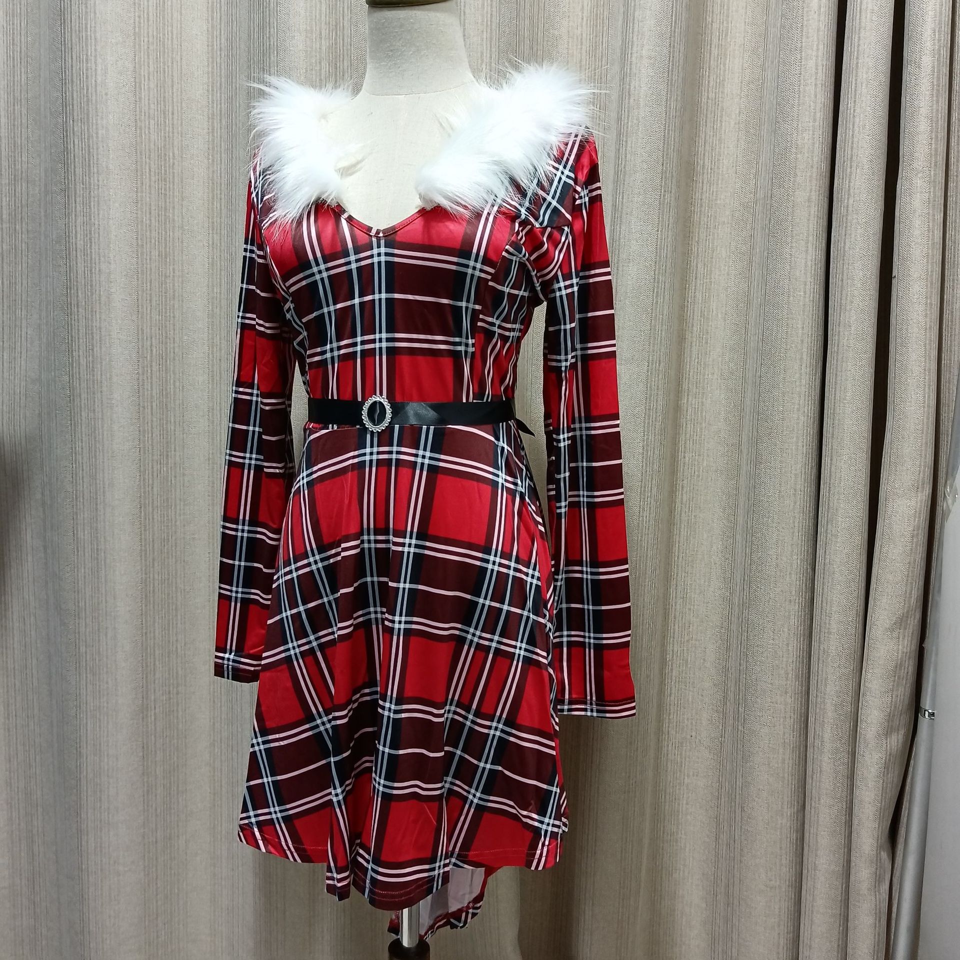 Holiday Ladies' Plaid Vintage V-Shaped Wrist-Length Sleeves Dress