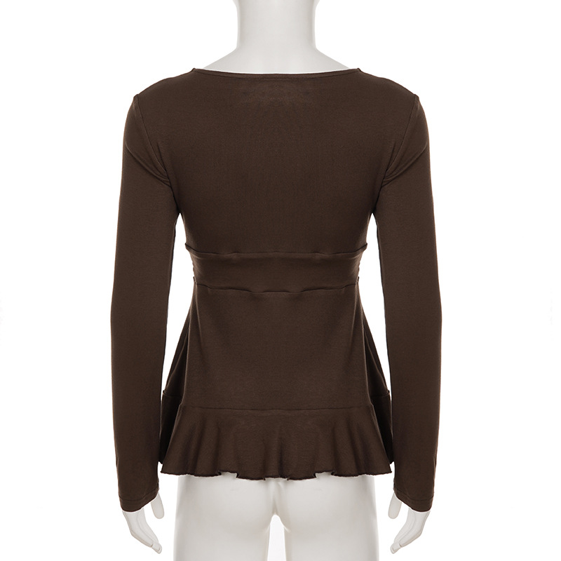 Solid Flounce Long Sleeve Short Tee Metallic Trim