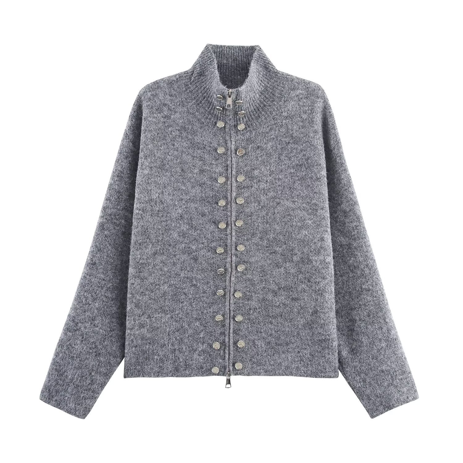 Ladies Mock Neck Button Front Full Sleeve Sweater