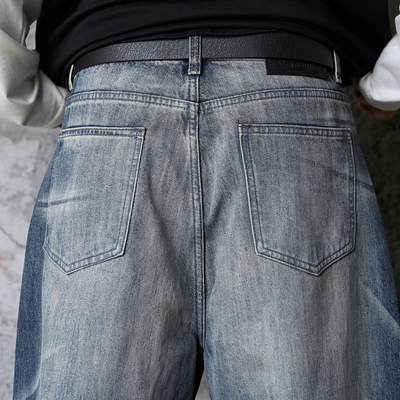 Vintage High-Quality INS Denim Pants Men High Street Washed Gradient Distressed Catwhisker Minimalist Wide-Leg Straight Leg Pants