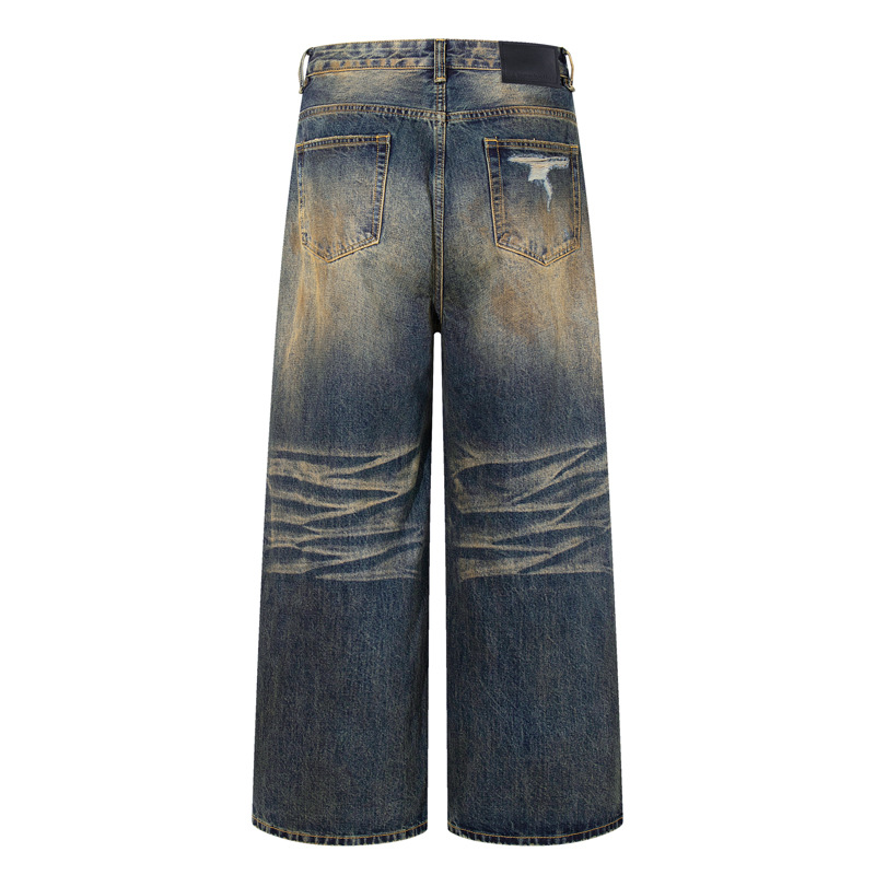 Vintage Washed Ripped Street Style Dagger Cut Denim Pants, Unisex Loose Clean Fit Wide Leg Floor-Length Trousers