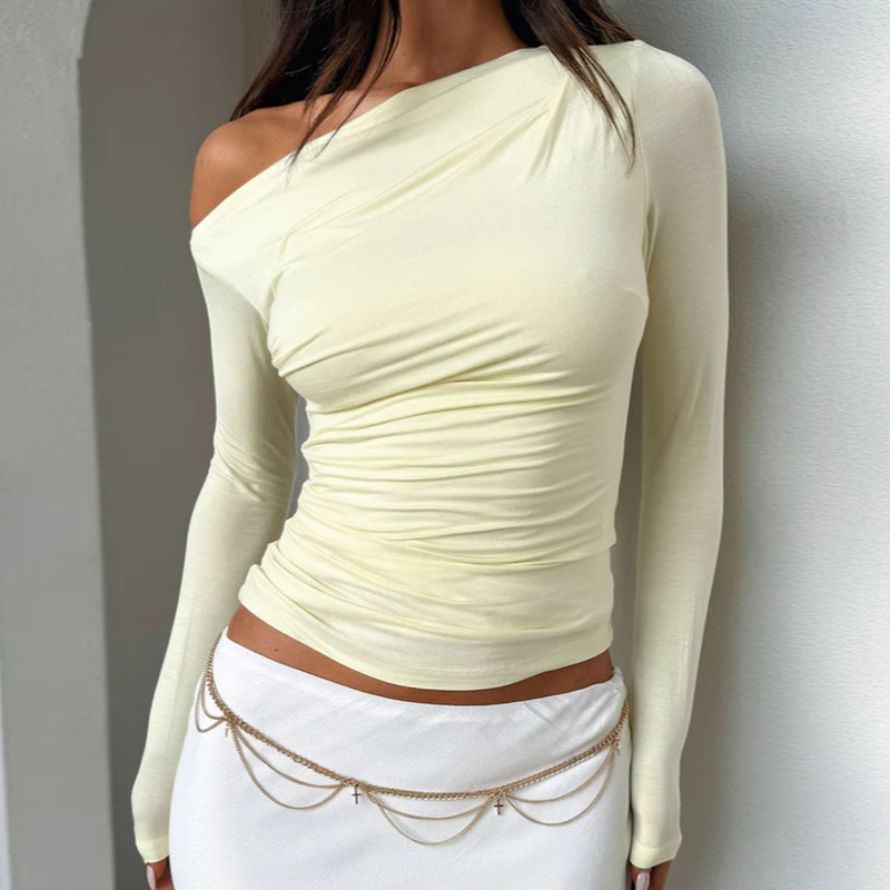 Diagonal Neckline Polyester Spandex Top