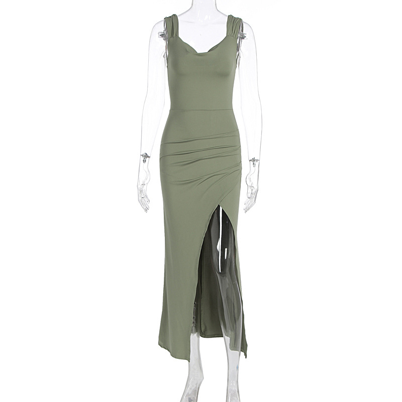 Sleeveless backless lace up slim slit dress