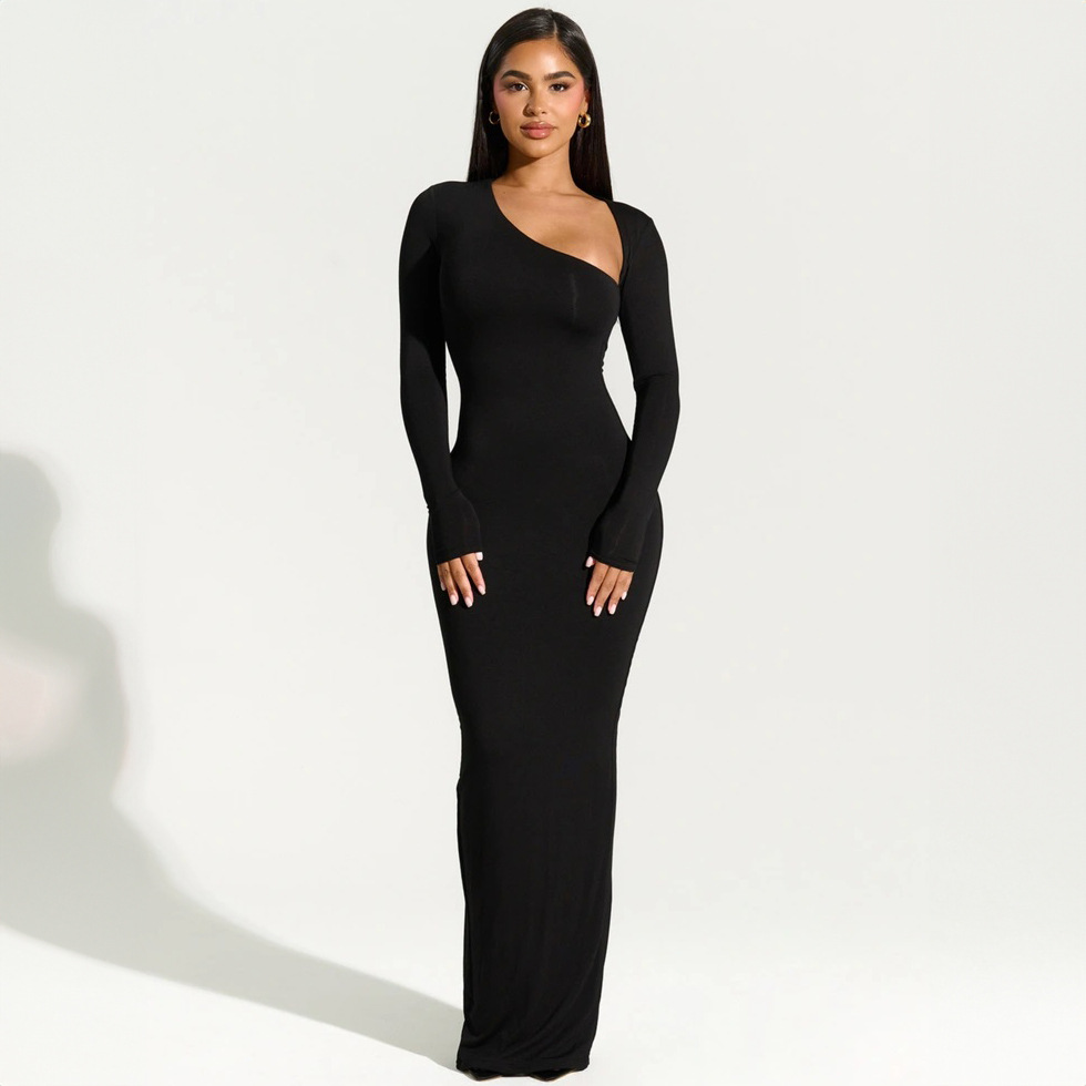 Full Sleeve Asymmetric Neck Straight Rear Slit Dress